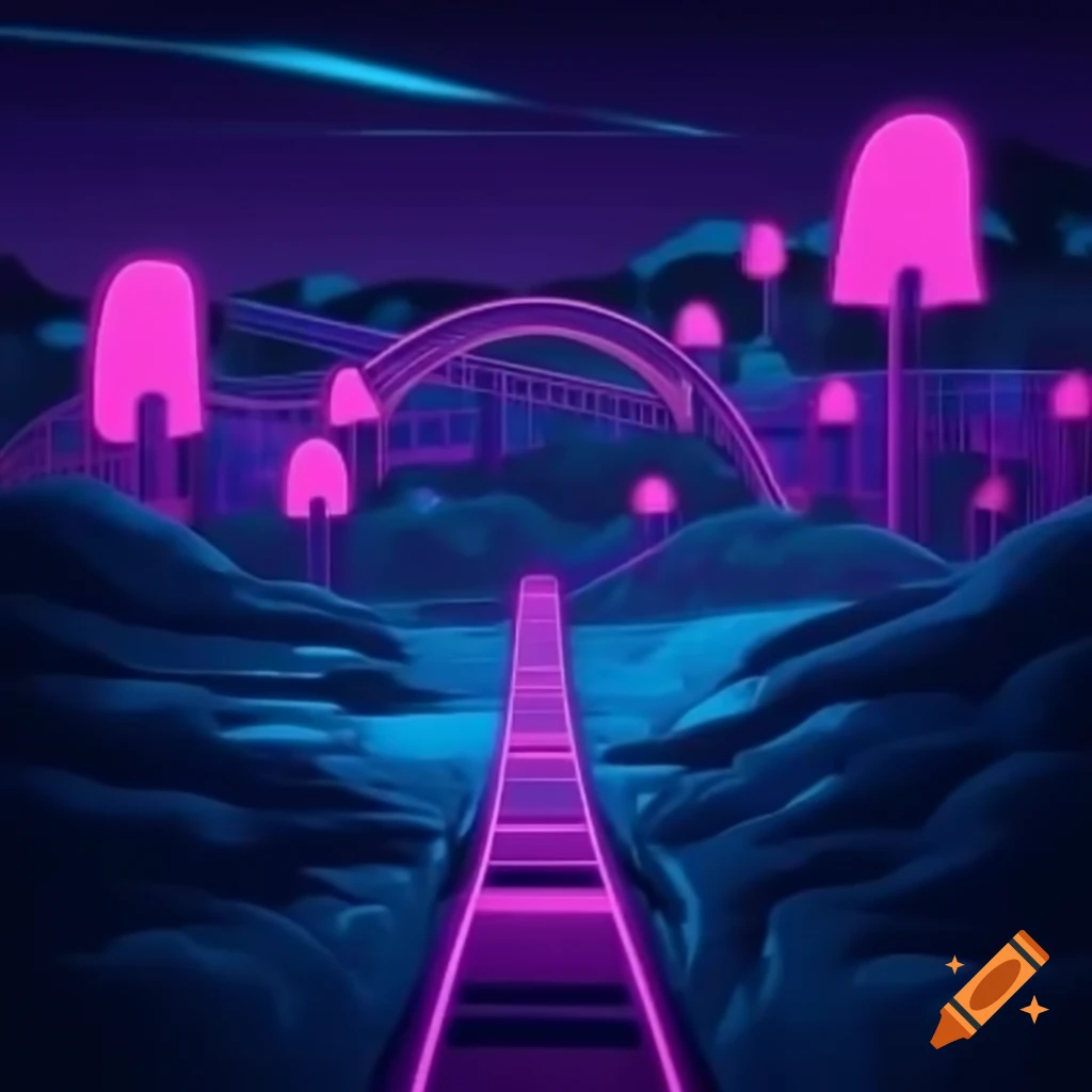 Neon-themed rollercoaster roadtrip scene