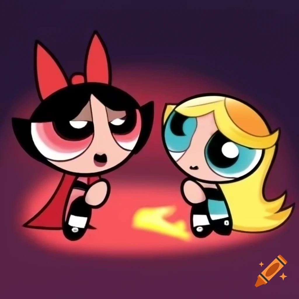 Cartoon scene with PowerPuff Queen Vampire and Funshine Bear from Care Bears