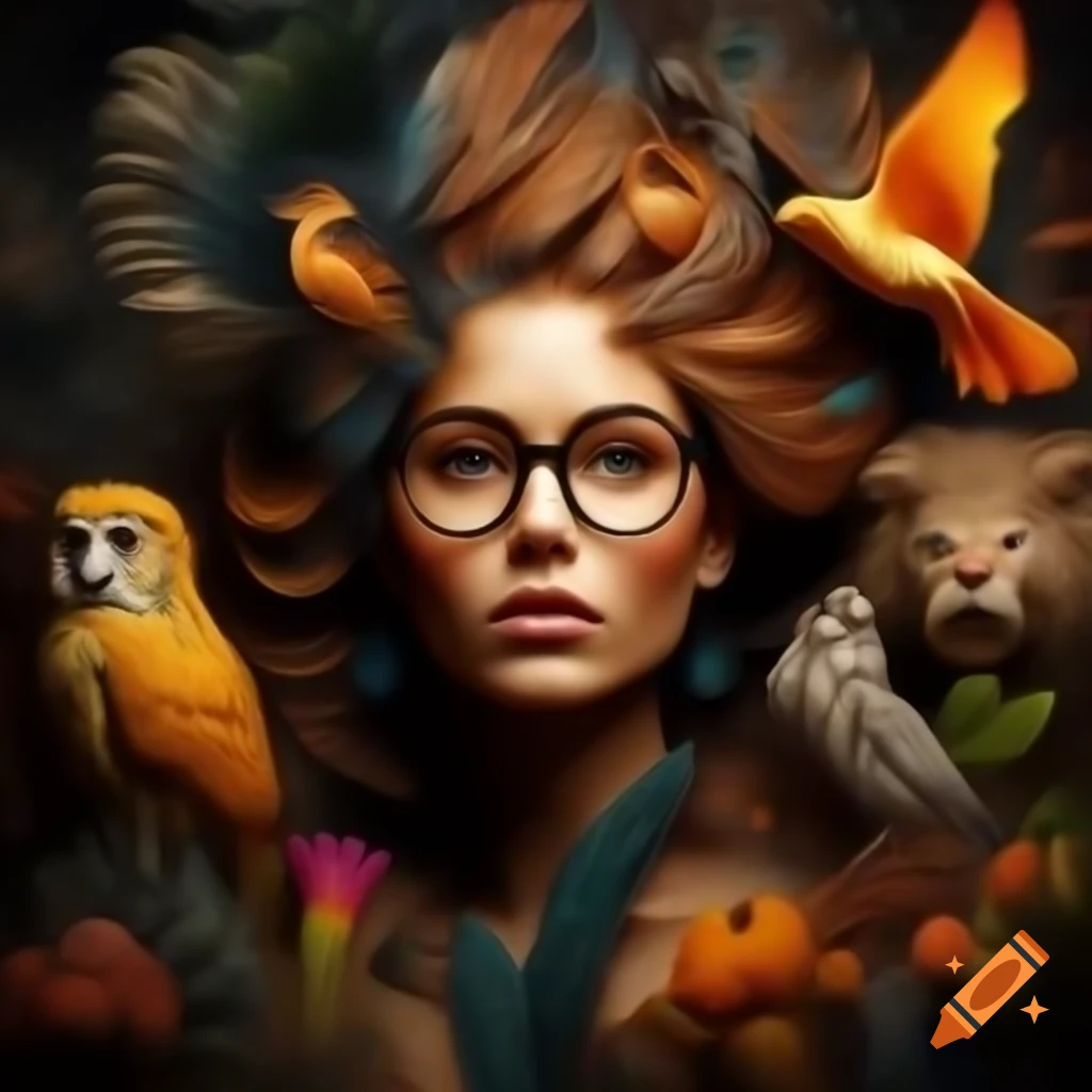 Surreal wall painting featuring a woman with brunette hair and glasses embodying Mother Nature