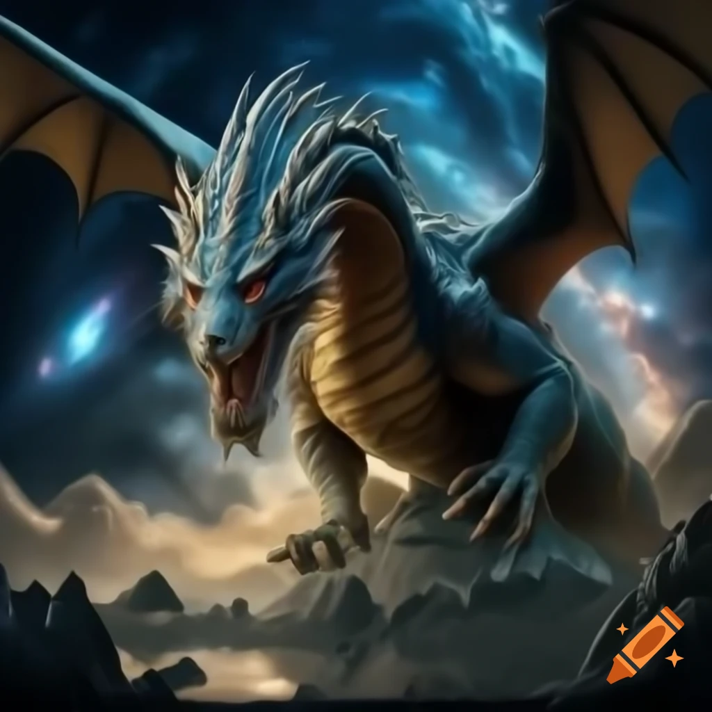 Giant dragon with galaxy-like scales beside mountain, detailed and beautiful