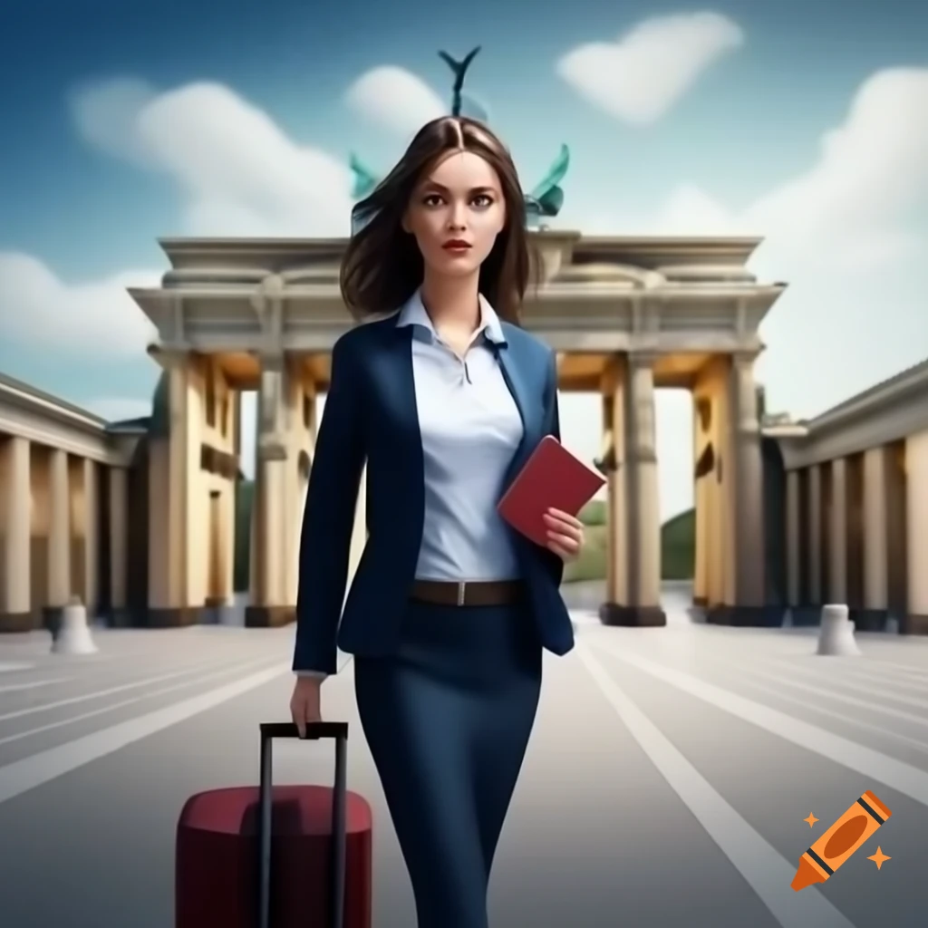 Young professional with passport and suitcase in front of airport or Brandenburg Gate