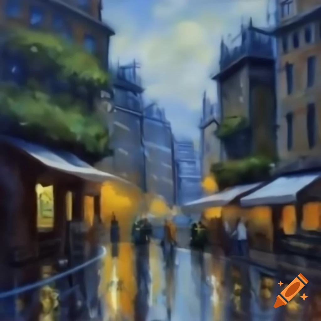 Impressionistic painting of rainy European city streets with stone buildings