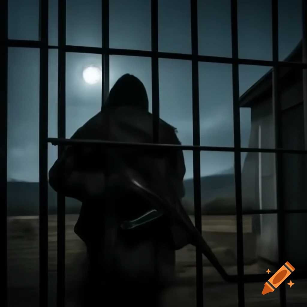 Guardian in rural Turkey prison illuminated by moonlight with rifle