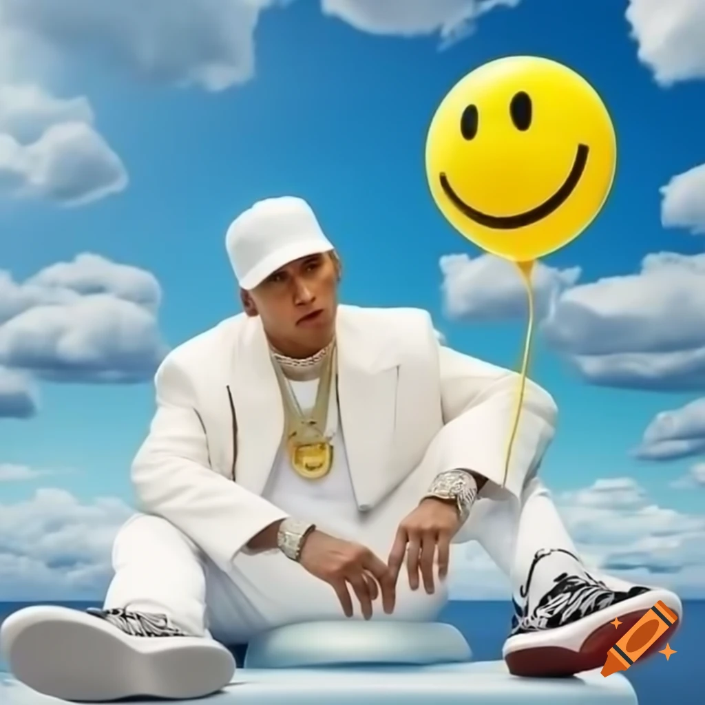 White rapper in bodysuit sitting in clouds holding yellow balloon