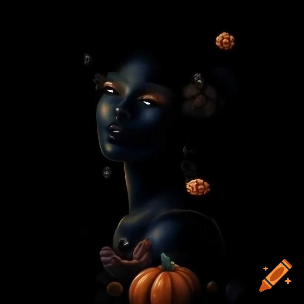 Mystical gypsy with a crystal ball surrounded by flowers, pumpkins, butterflies, and birds