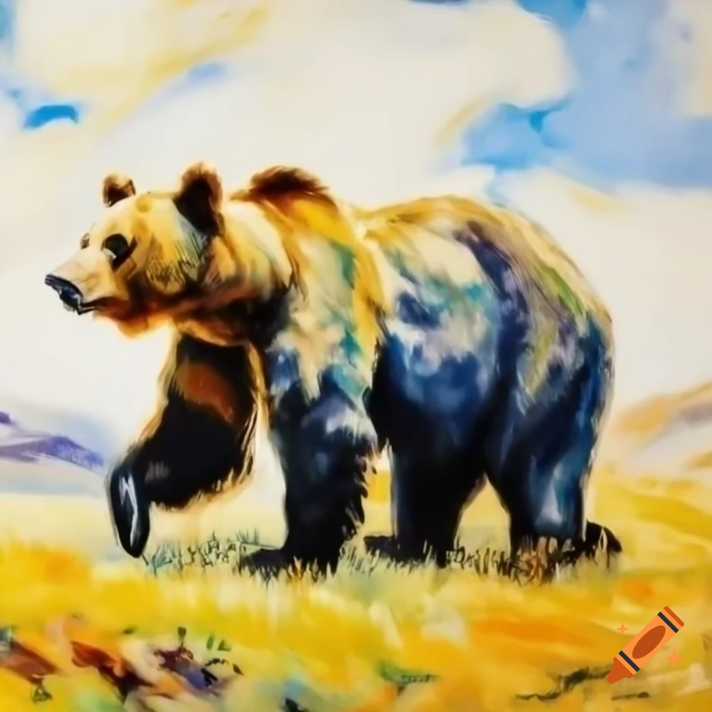 Bear walking in valley, oil painting by Joaquín Sorolla with visible brush strokes