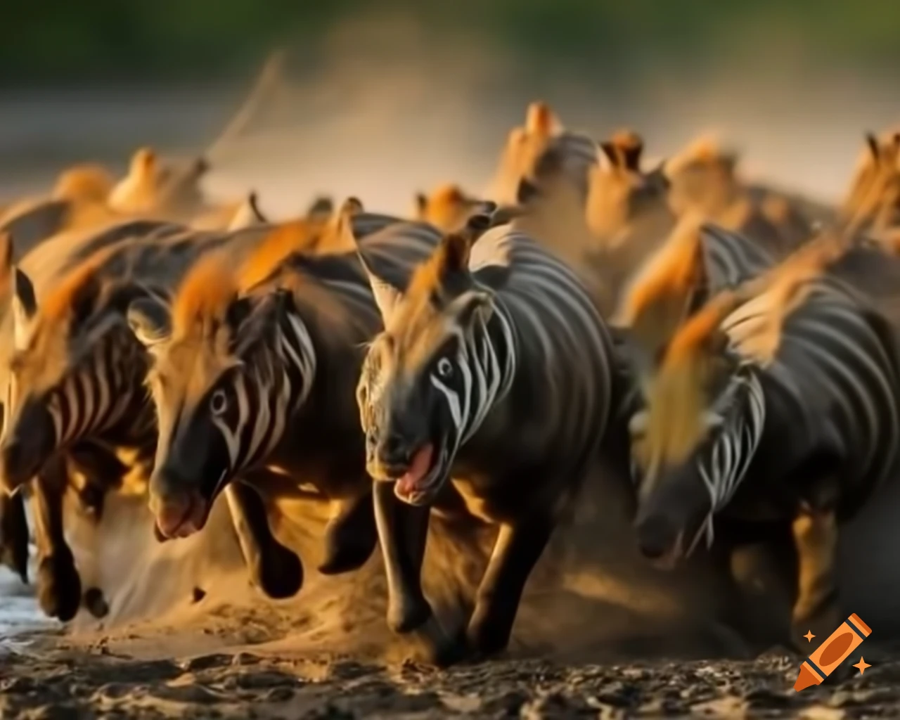 Herd of striped hadrosaurs by muddy lake bank in morning light in British Columbia