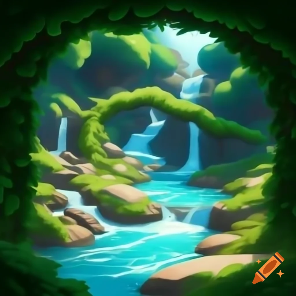 Stylized video game image of cascading stream beneath vine archway