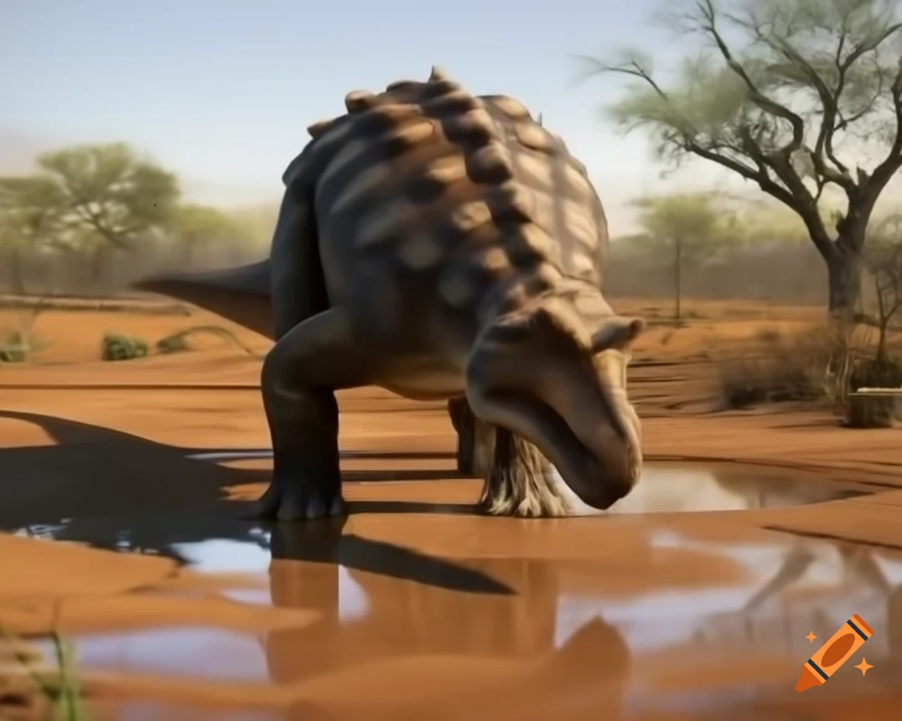 Ankylosaurus drinking in puddle under tree shadow in sunny clearing