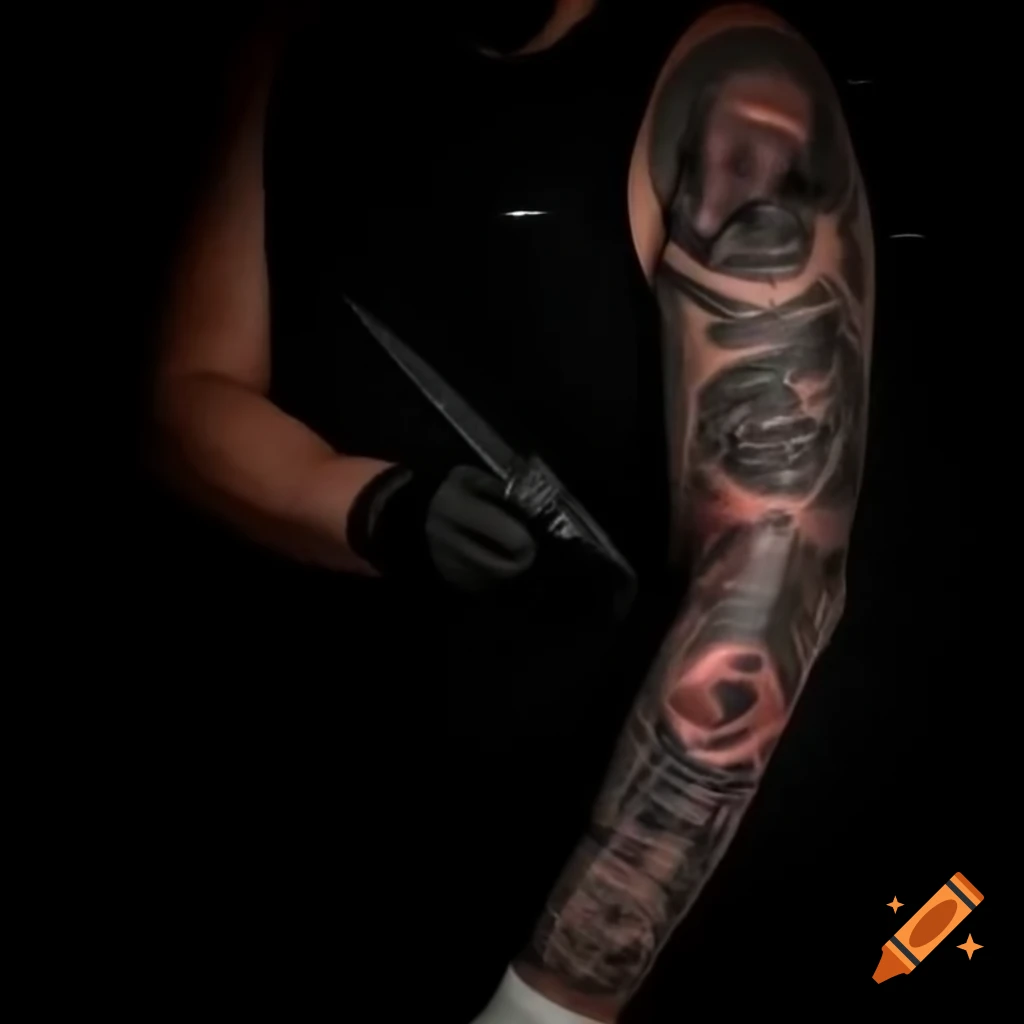 Design of a sleeve tattoo featuring Cuba island, national flower, bear, and the word 'Hialeah'
