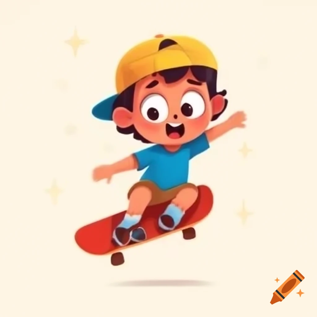 Cartoon kid performing tricks on skateboard