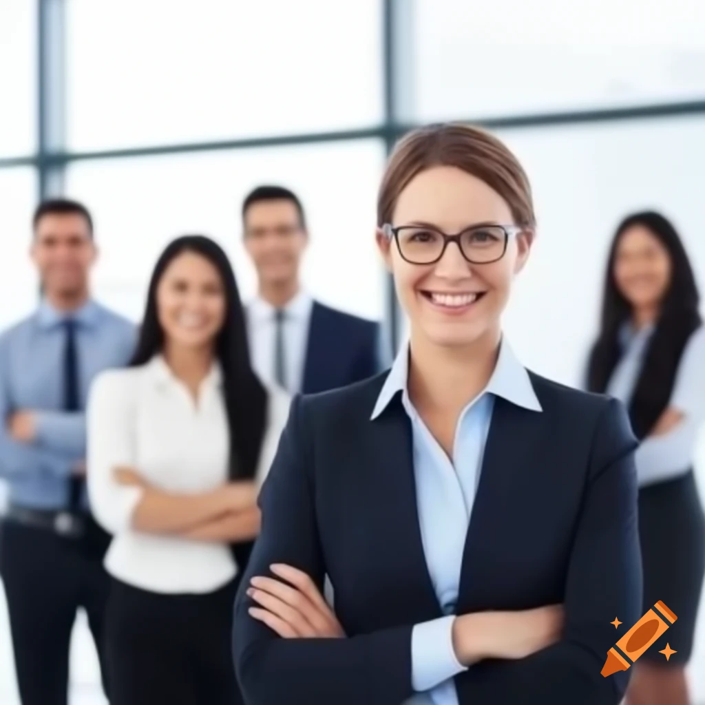 Caucasian business team smiling with upward arrow in office setting