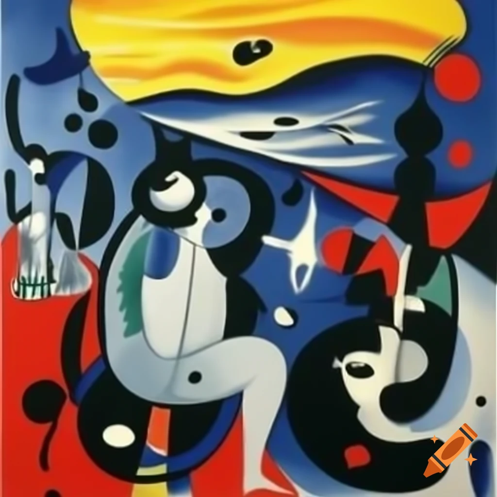 Artwork combining elements of Guernica, Joan Miro, and Norman Rockwell