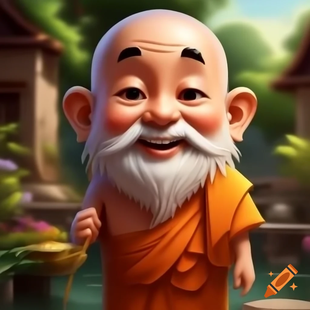 Watercolor painting of a happy smiling Buddhist monk in a village garden