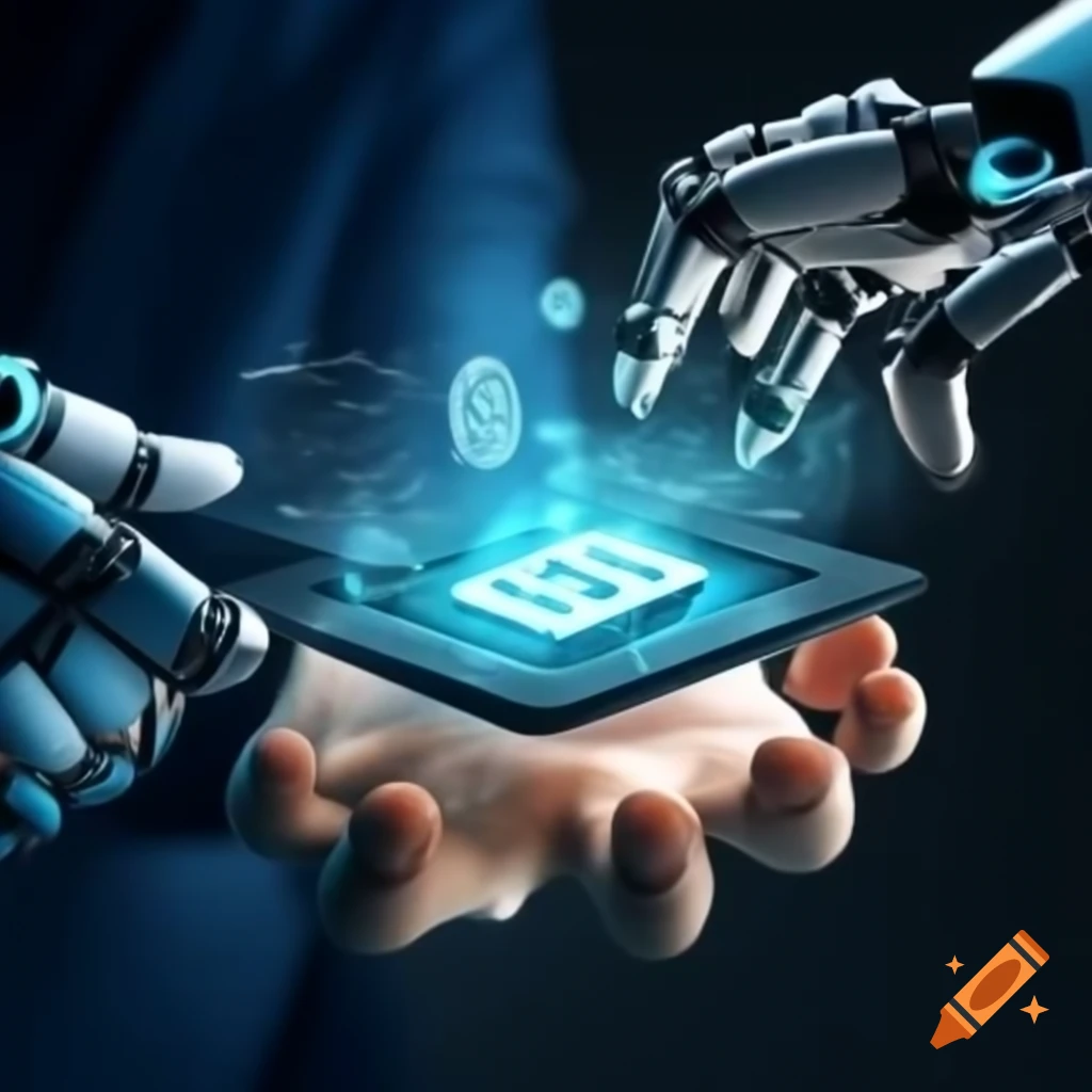 Robotic hands interacting with cryptocurrency icons