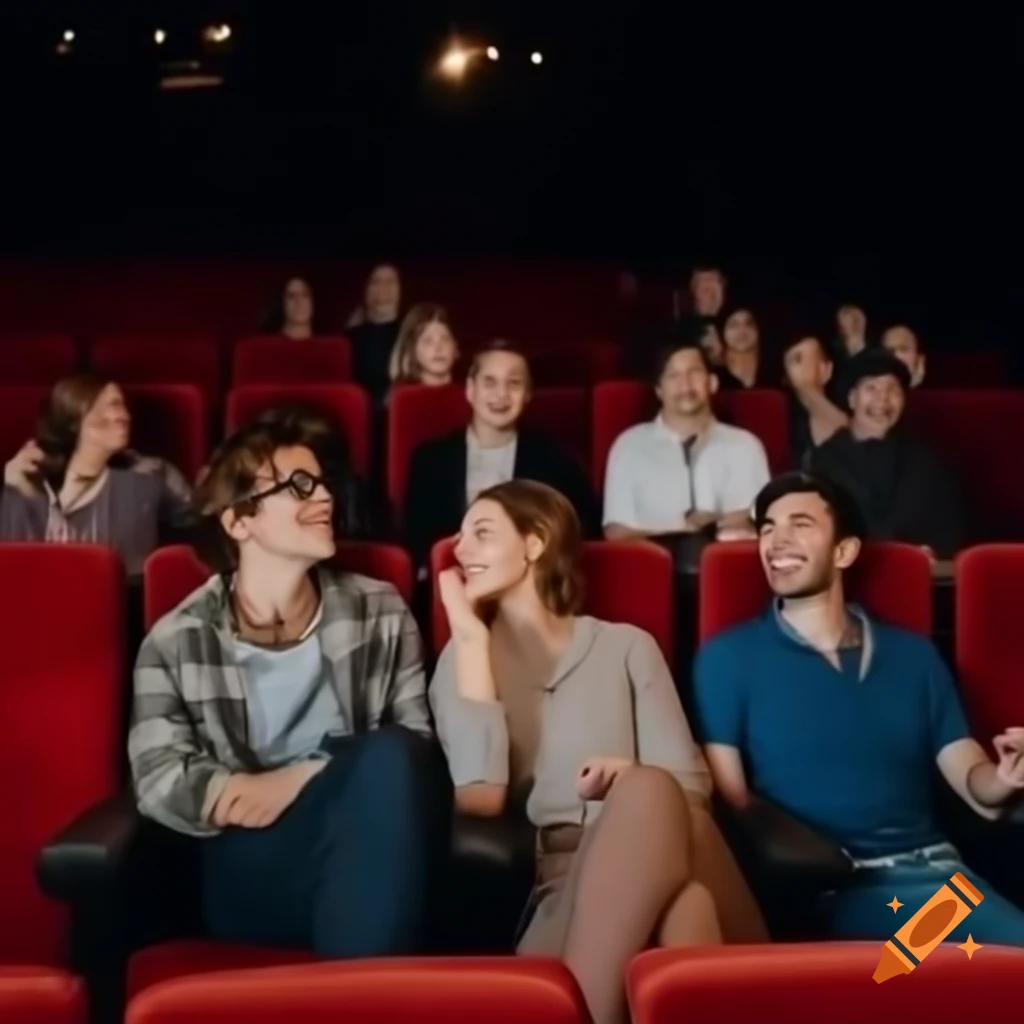 Group of two men and one woman enjoying a movie in a theater