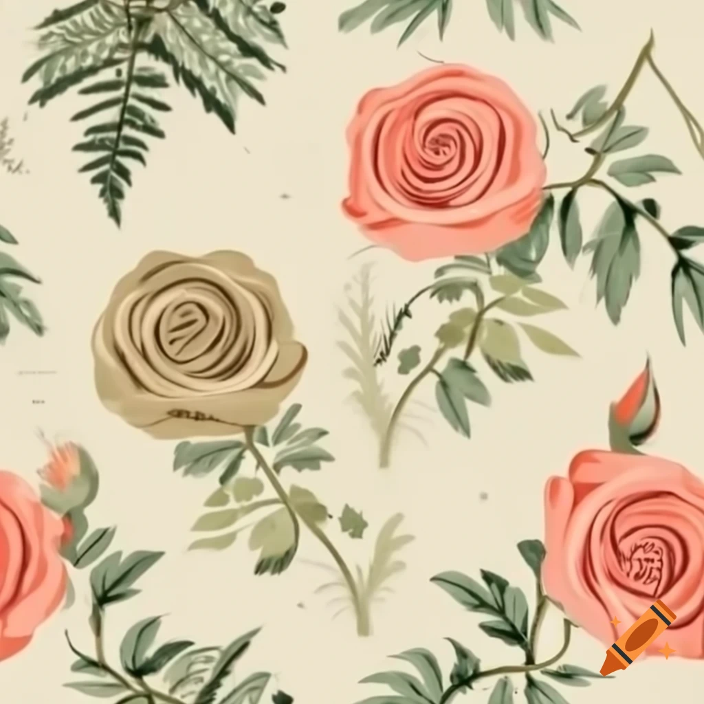 Seamless pattern of digital roses in vintage botanical style with soft coral, dusty rose, and olive green