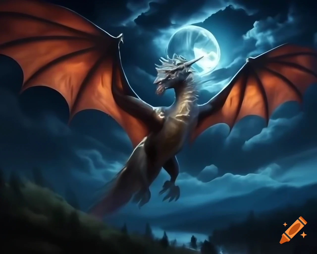 Detailed dragon flying at night with shimmering scales and glowing eyes in front of full moon