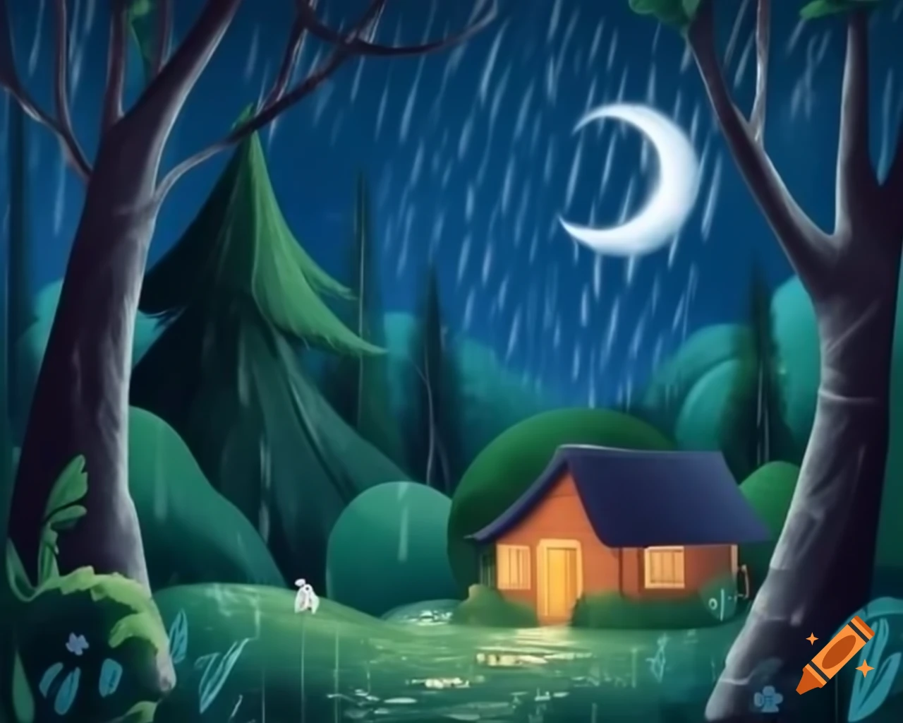 Cabin in the forest at night with moonlight, birds, and a passing squirrel