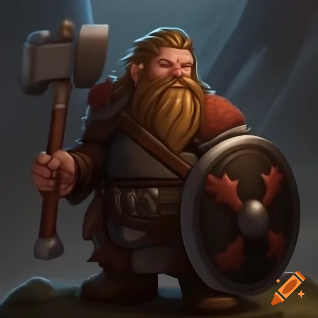 Mountain dwarf cleric character with war hammer, shield, and scale mail