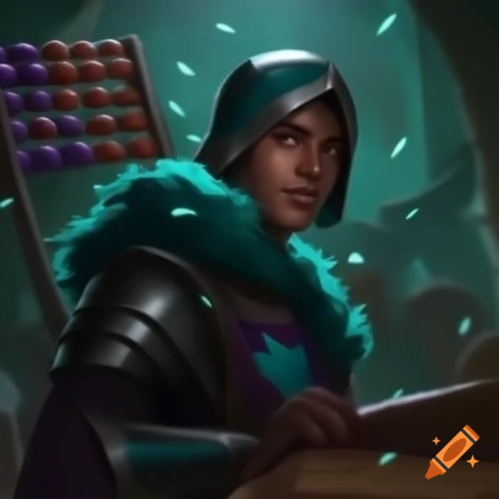 Knight in armor with teal plumage working with abacus in math classroom with confetti