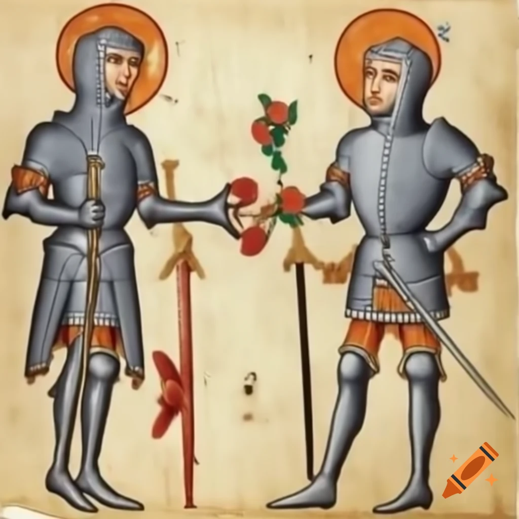 Detailed medieval manuscript depicting knight with rose and hourglass