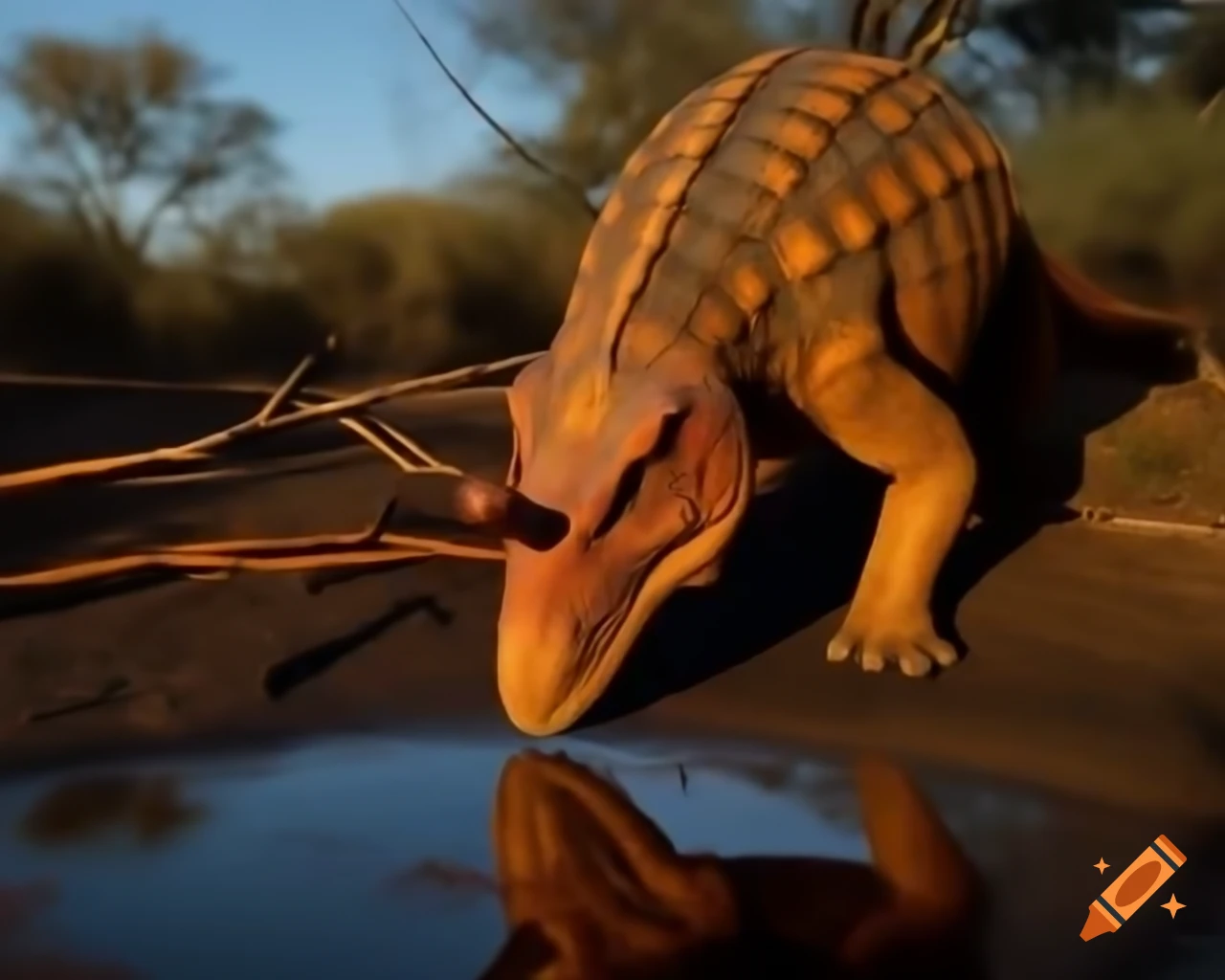 Ankylosaurus drinking in puddle in sunny clearing with bushland background