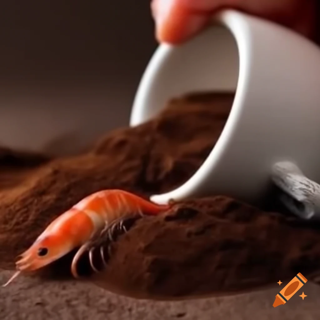Animated coffee cup spilling with tiny shrimp