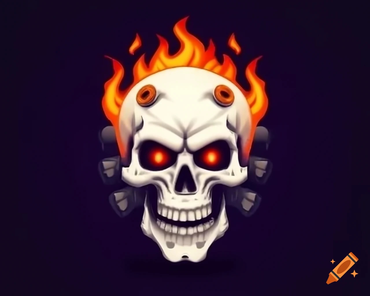 White skull with flames in eye sockets, video game art style