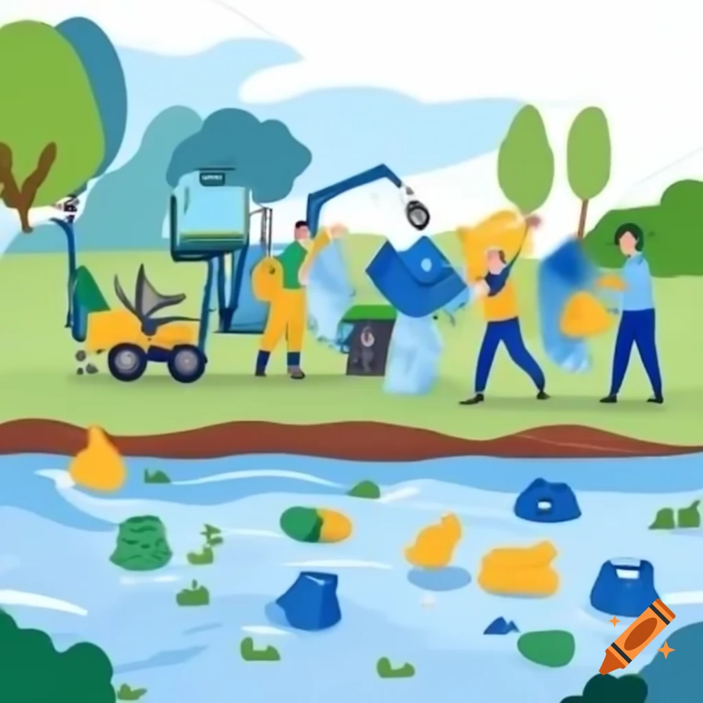 people-and-machines-collaborating-to-clean-garbage-from-river-bank-on