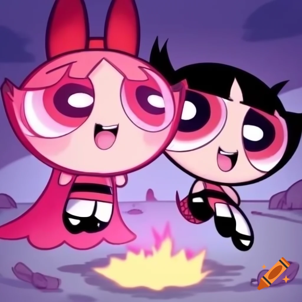Cartoon scene with PowerPuff Queen Vampire and Funshine Bear from Care Bears