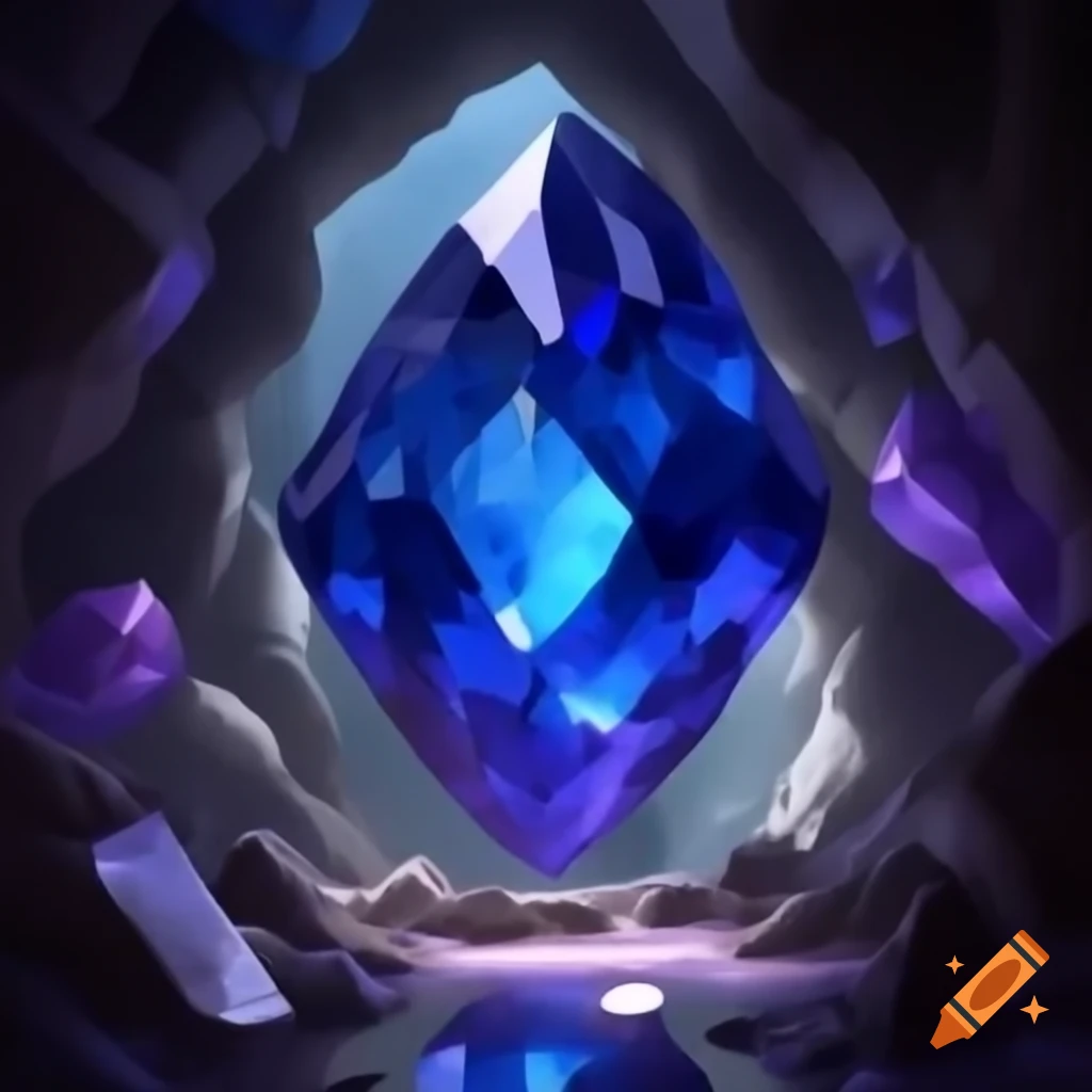 Gigantic blue sapphire in crystal cave, Yu-Gi-Oh art style