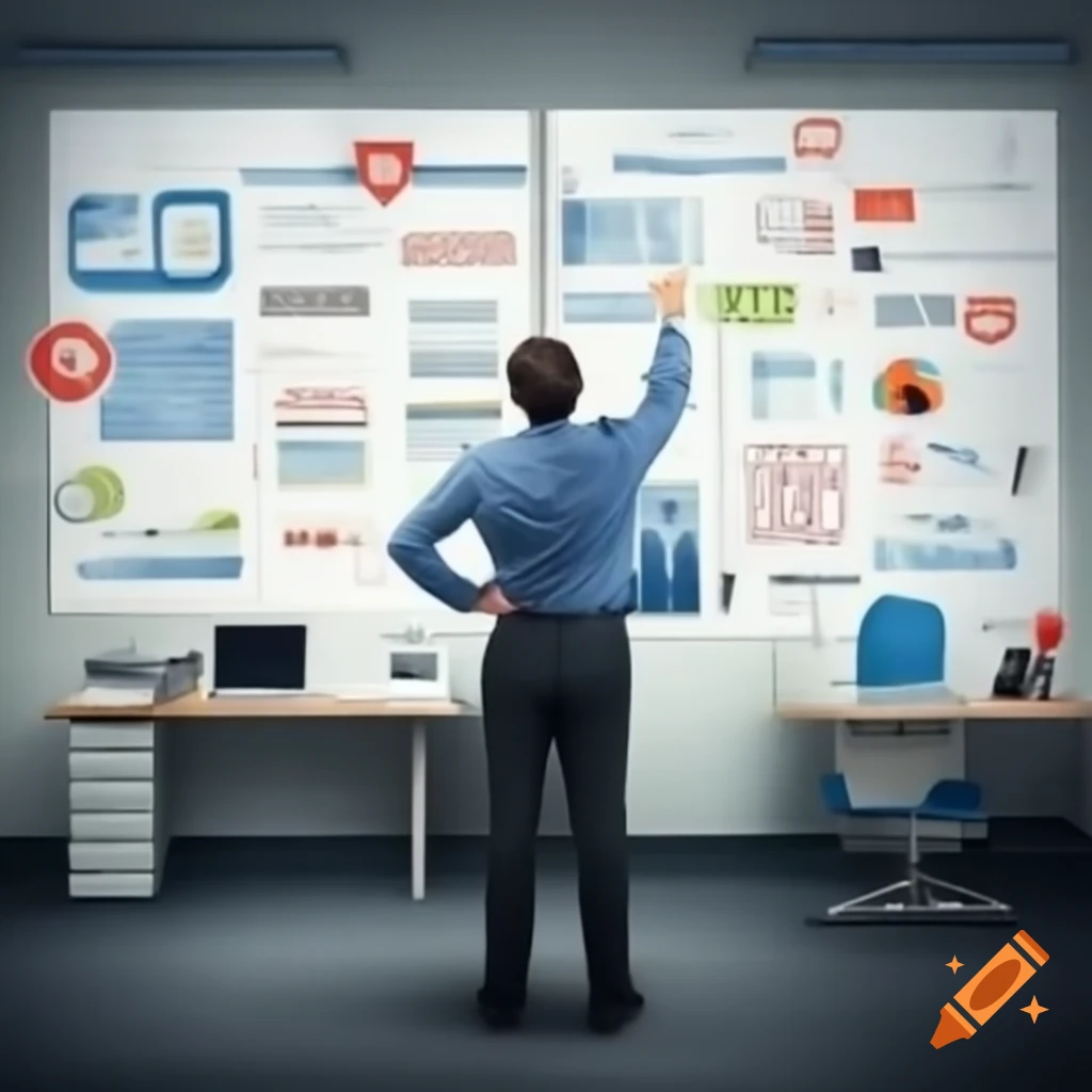 Sales executive in office analyzing whiteboard filled with goals and strategies