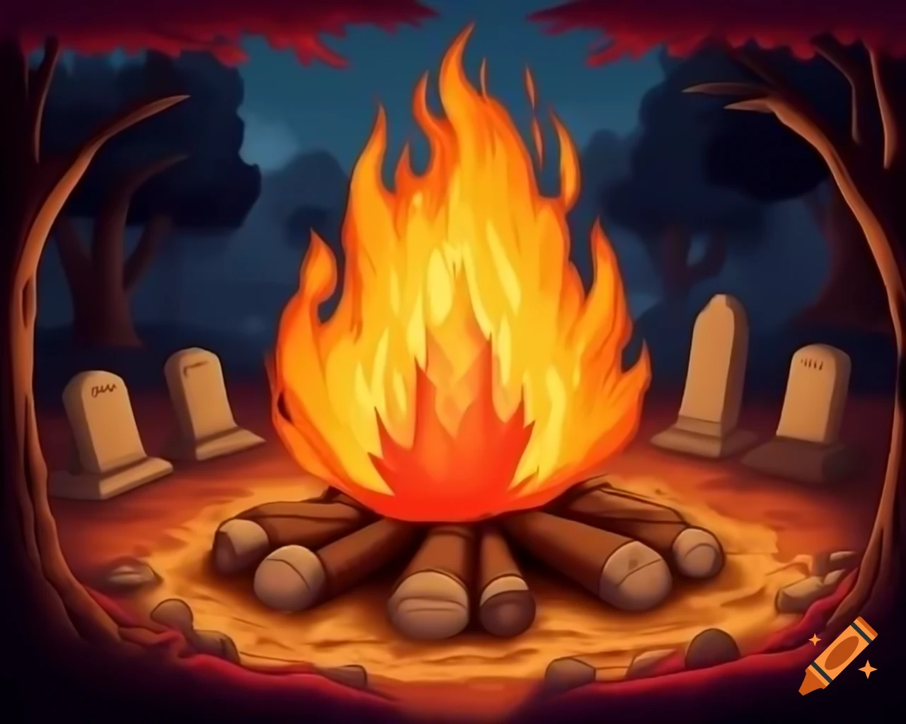 Realistic bonfire in a graveyard depicted in video game style