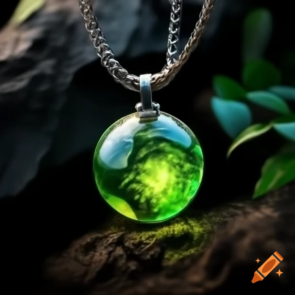 Earth orb necklace pendant with green orb and plant-like designs