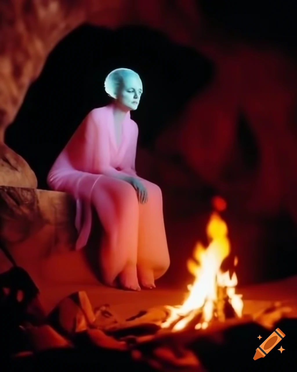 Alien with translucent pink skin in mother-of-pearl suit by bonfire in cave