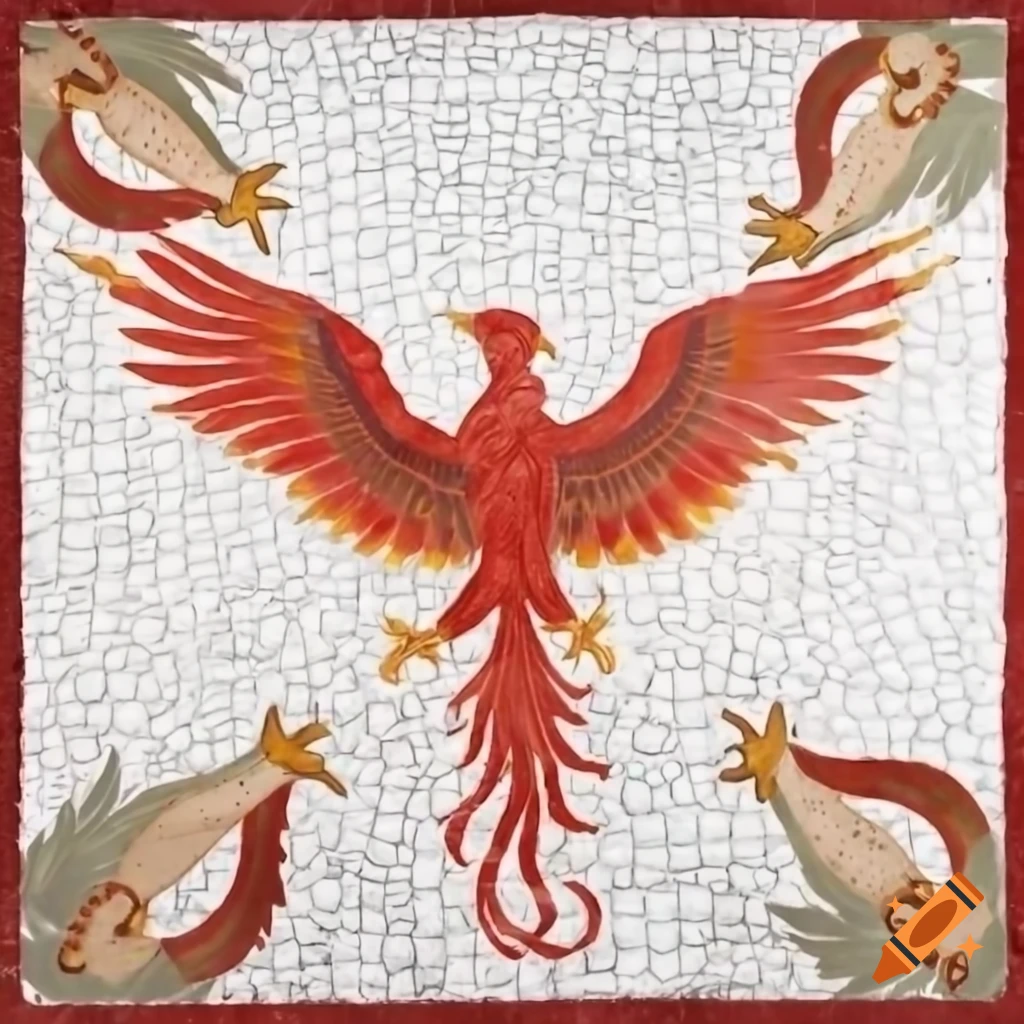 Ancient Roman mosaic depicting red phoenix on white background