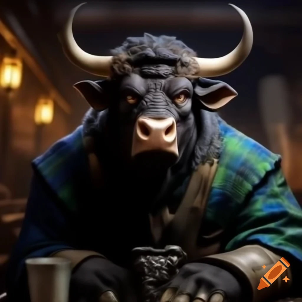 Black minotaur in blue and green tartan cloak inside fantasy tavern
