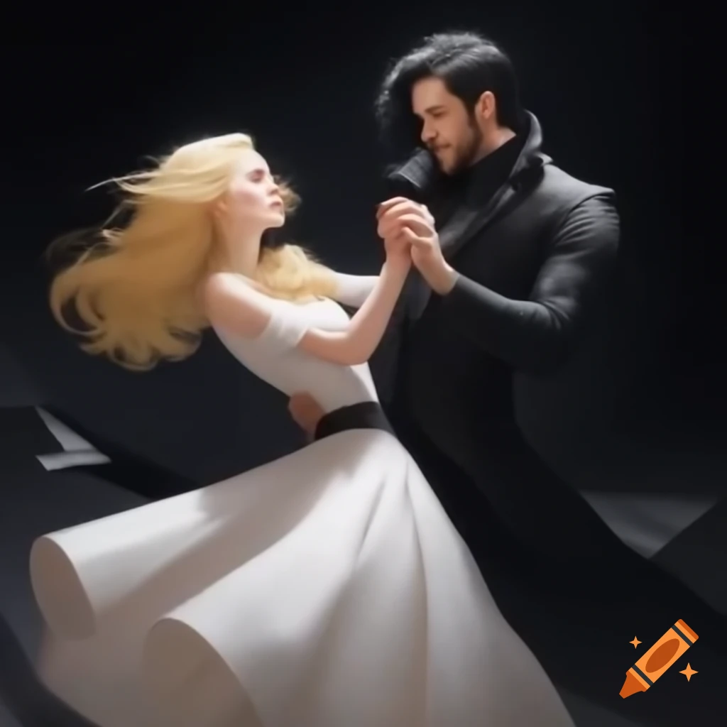 Girl in white dress dancing with man in black trenchcoat