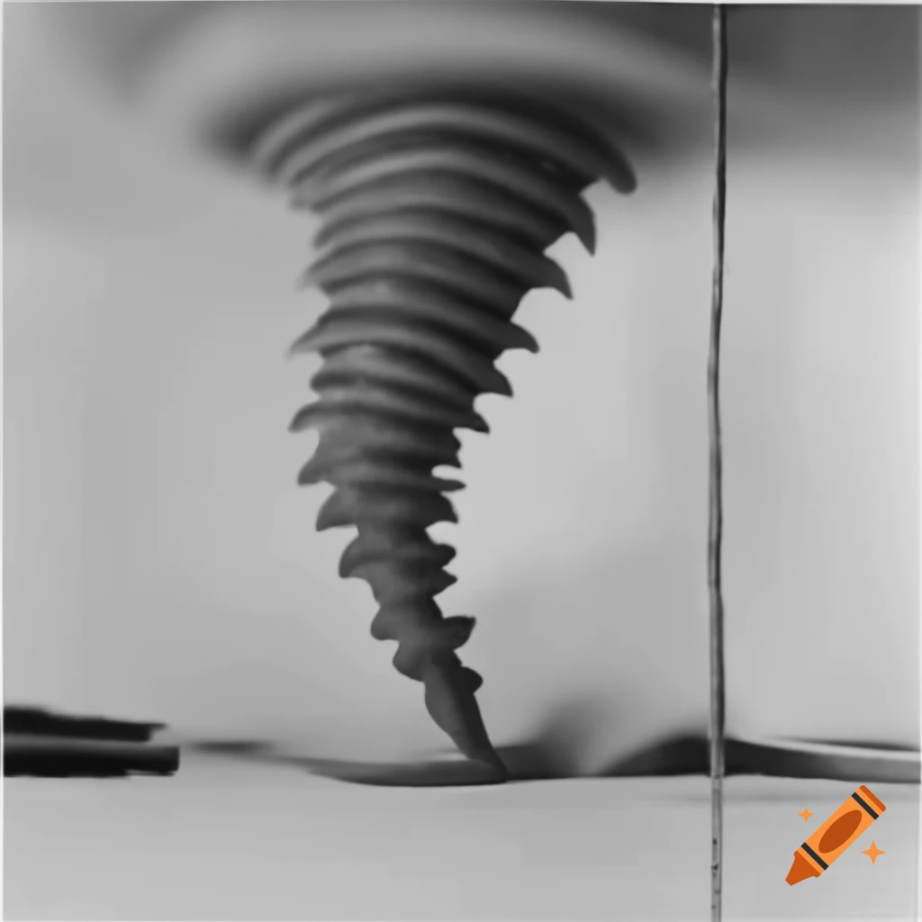 Monochrome woodcut of tornado made from glossy metal chain link in Mandelbrot style