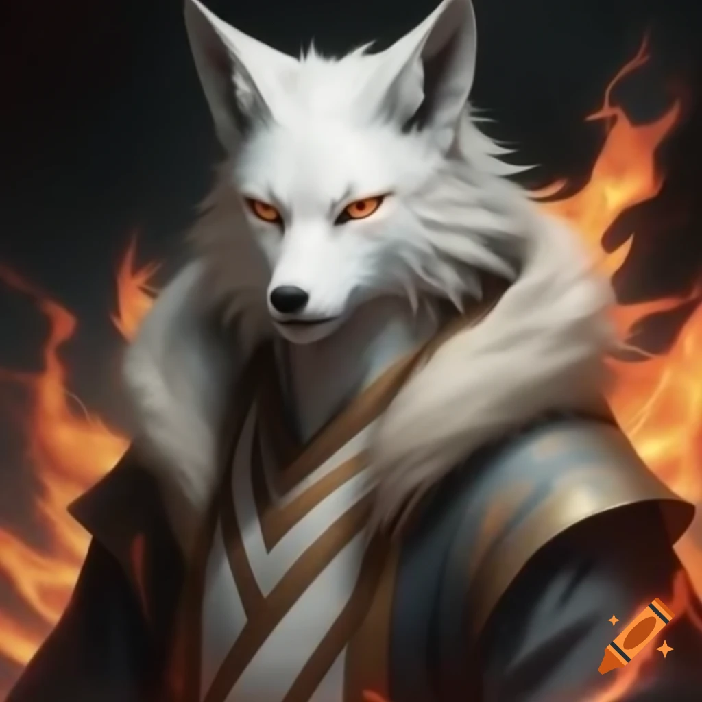 Male kitsune with white fur and nine fiery tails in hooded robe
