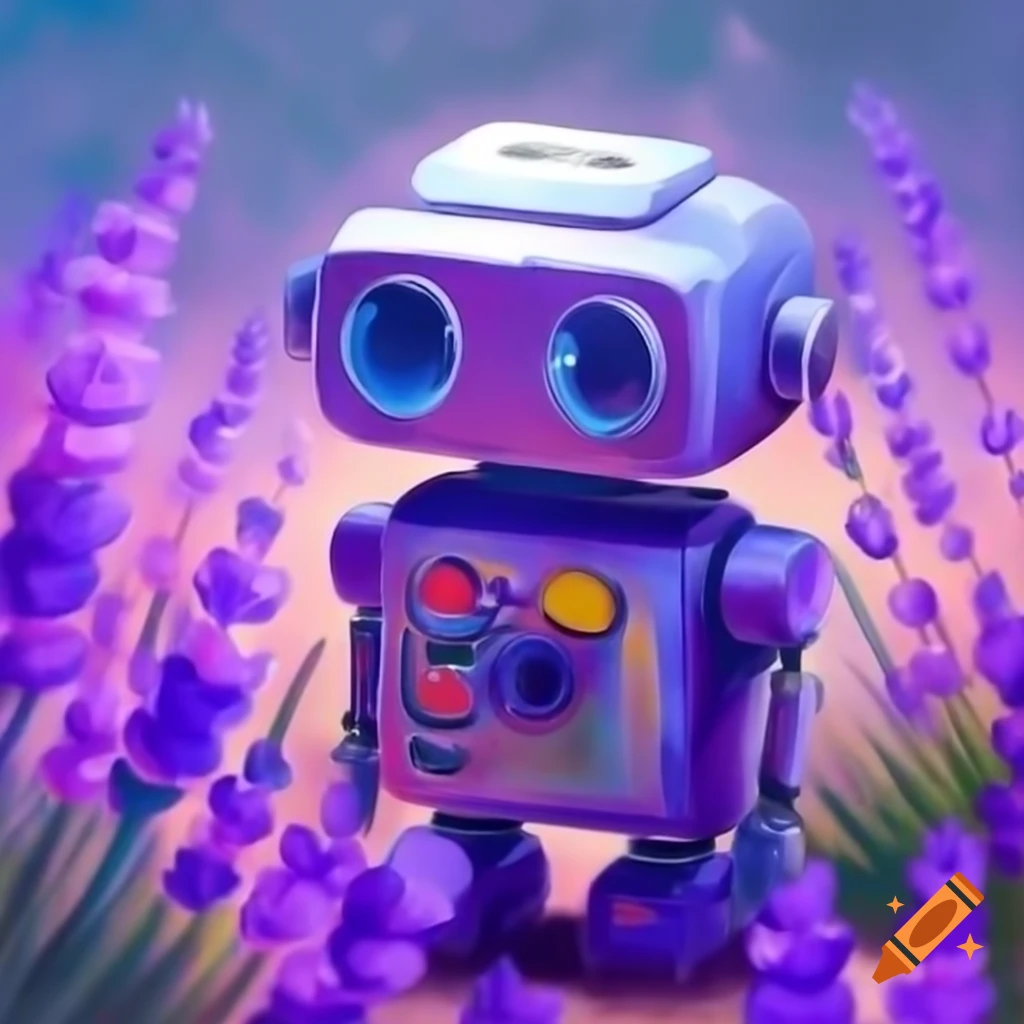 Adorable robot with camera head in vibrant lavender oil painting