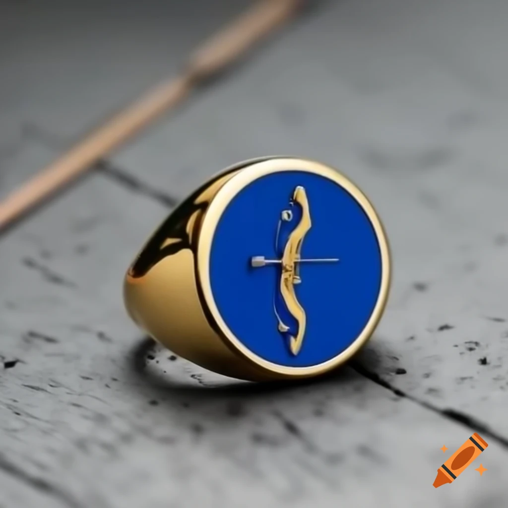 Blue and gold signet ring with bow and arrows design