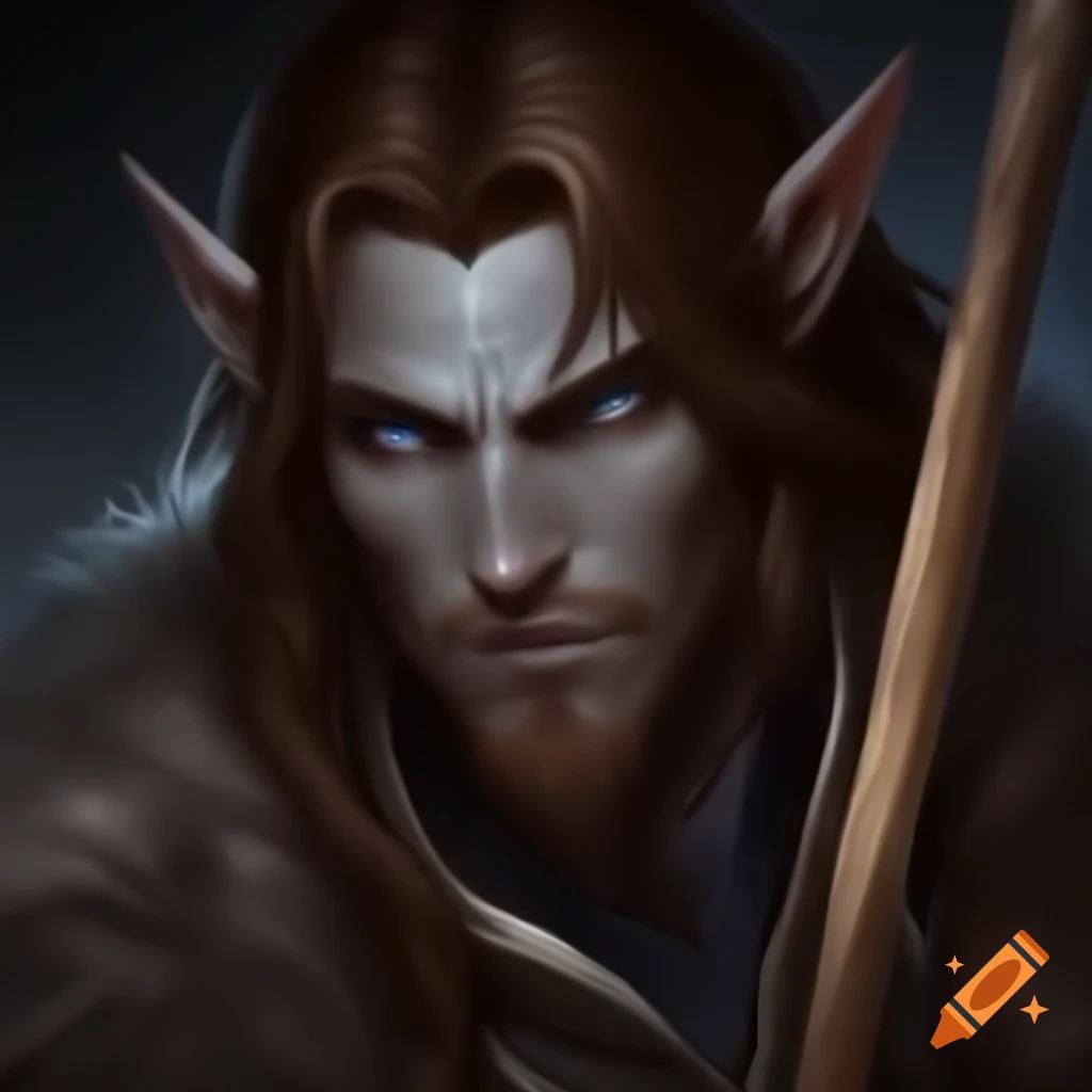Anime male Druid with brown hair and blue eyes holding a wooden staff