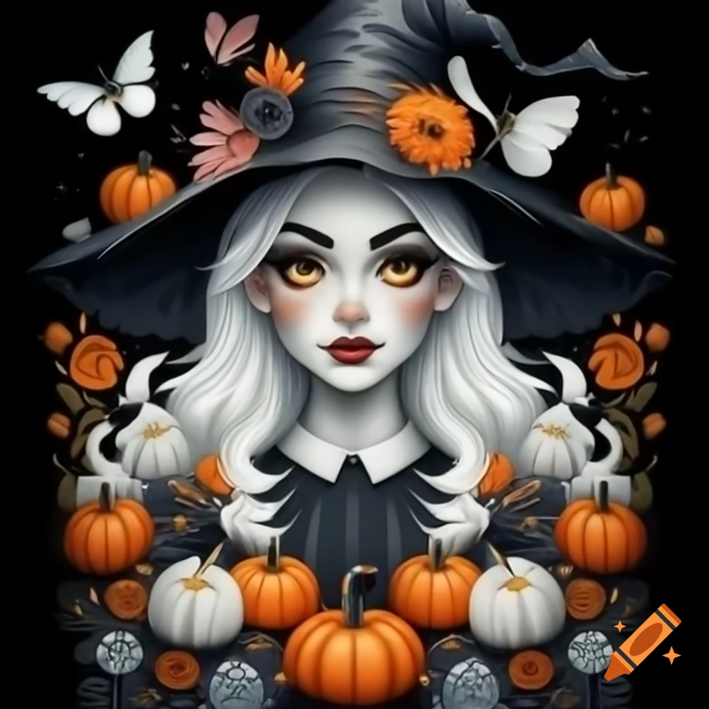 Portrait of modern witch with flowers and butterflies on black background