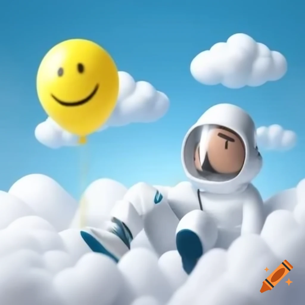 Rapper in hazmat suit sitting on clouds with yellow balloon, contemplating life