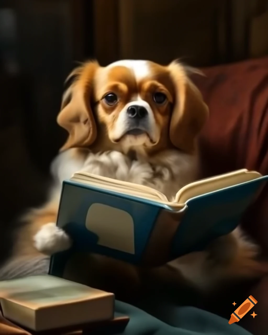Dog reading a book in a cozy setting