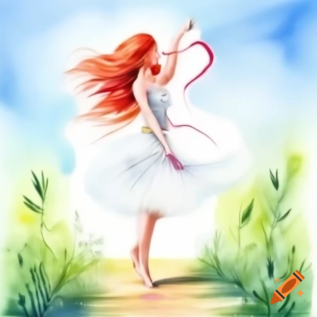 Realistic watercolor painting of a woman with red hair gracefully painting her future path