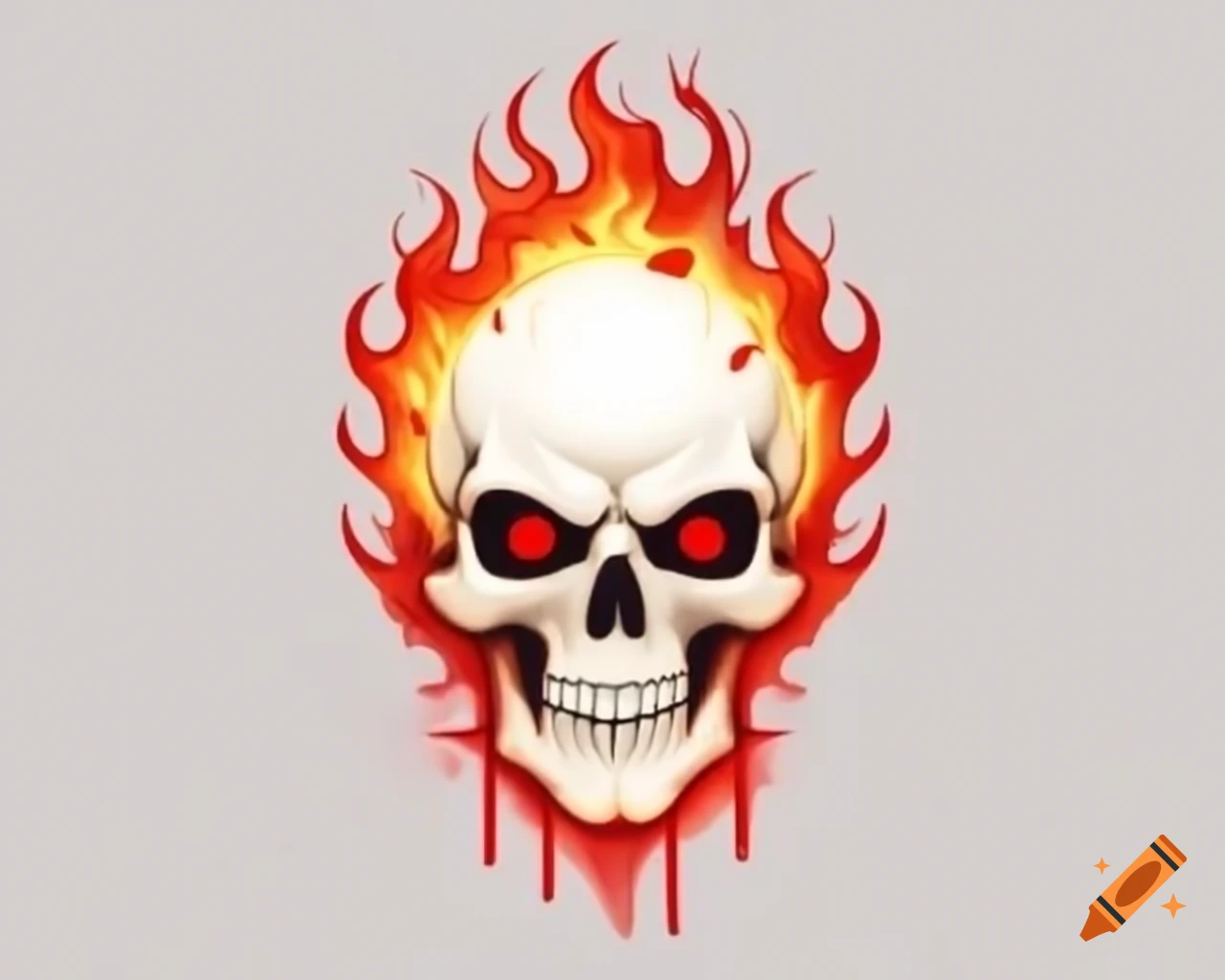 Flaming white skull with bloodshot eyes in video game art style