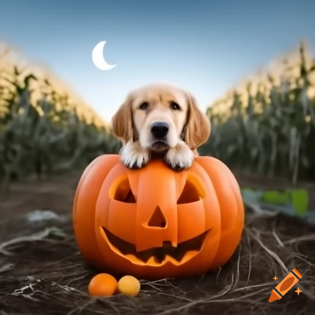 Cute golden retriever with paws on carved pumpkin in cornfield under crescent moon